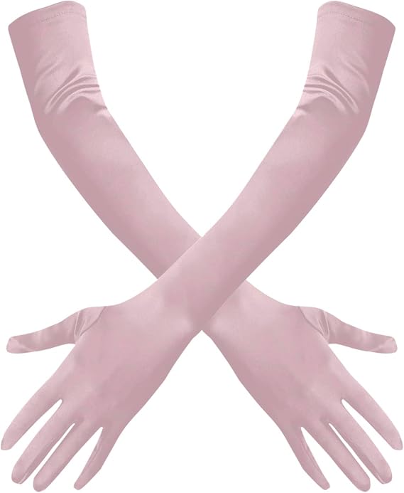 Bestjybt Women Long Opera Party Gloves 1920s Satin Costume Bridal Dress Gloves for Wedding Party Cosplay Elbow Length 21inch (Pink, 21inch)