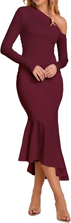 Parthea Women One Shoulder Long Sleeve Ruched Bodycon Midi Dress Fall Wedding Guest Elegant Cocktail Party Gown