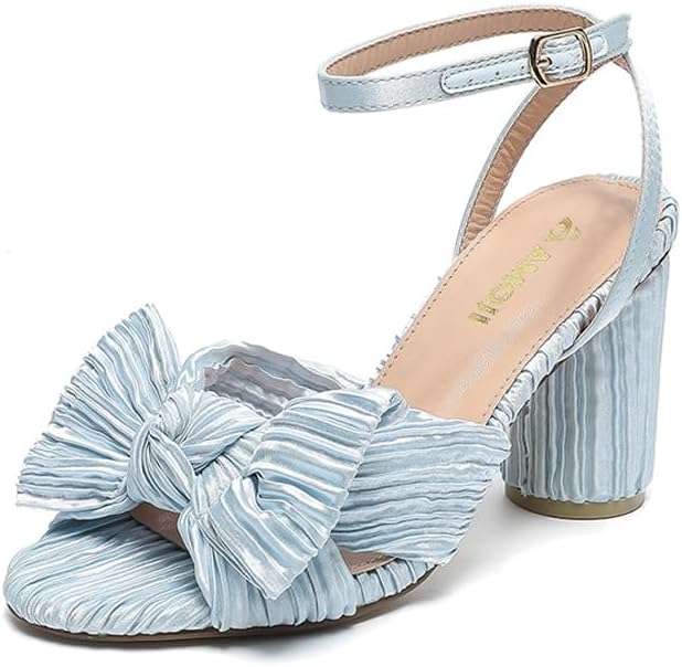 Amoji Women's Satin Block Heeled 3 Inch-4 Inch Sandal Bowknot Pleated Ankle Strap for Wedding Party Dress Shoes 302