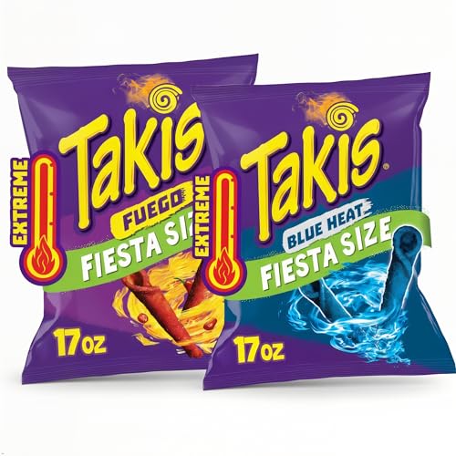 Bundle of Takis Fuego  Blue Heat 17 oz Fiesta Size Bag, Hot Chili Pepper Flavored Extreme Spicy Rolled Tortilla Chips