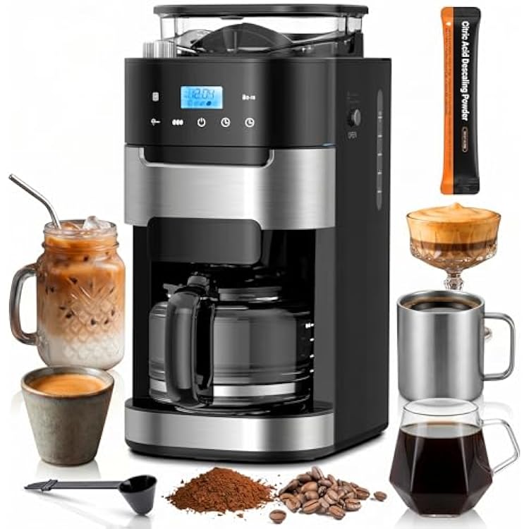 Kismile 10-Cup Digital Drip Coffee Maker with Built-In Grinder, Programmable, 24H Timer, Keep-Warm Function, Customizable Strength & Grind Size, Coffee Machines with Smart LED Touchscreen