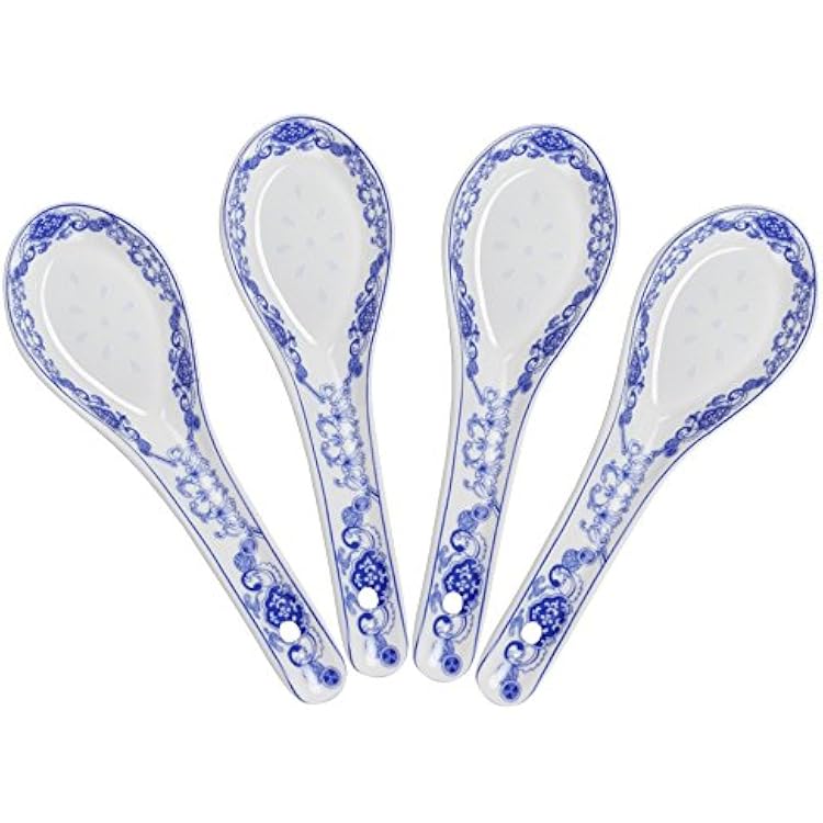 Porlien 5-inch Porcelain Chinese Knot Blue Floral Soup Spoons Set of 4