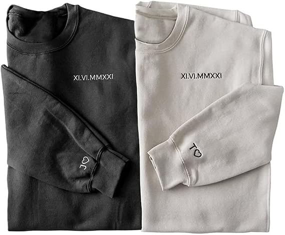 GODMERCH Custom Embroidered Roman Numeral Sweatshirts For Couples Matching With Initial Heart
