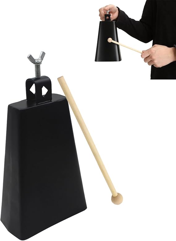 Metal Iron Cowbell 8inch,Steel Cow Bells Large Noise Makers Hand Percussion Music Cow bell with Stick and Handle for Drum Set, Instrument Cowbell for School, Sporting Events, Concert, Wedding (8 inch)