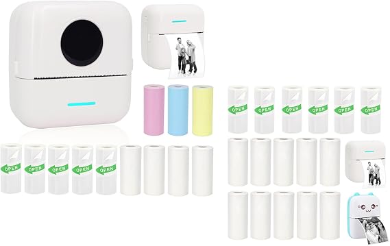 Mini Portable Printer Set + 16 Rolls Thermal Paper Set, Including Sticker/White Plain Paper, White
