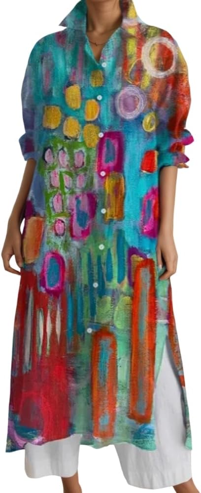 TIAFORD Women's 2025 Fall Geometric Pattern Print Lapel Button Down Maxi Dress Plus Size Long Sleeve Side Slits Shirt Dresses