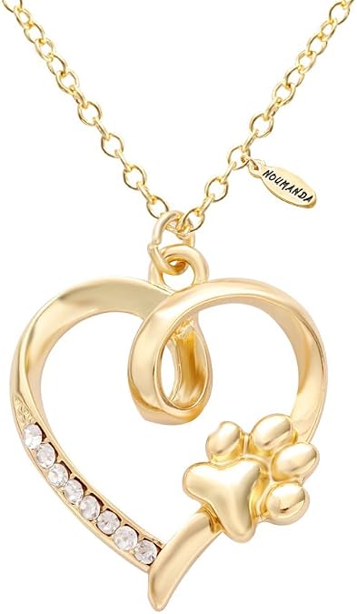NOUMANDA Women Bijoux Dainty Golden Crystal Heart with Pet Cat Print Dog Paw Necklace