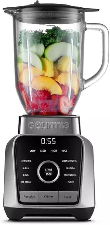 Gourmiia Digital Blender 38oz Glass Jar 8 Auto Blend Programs, 4 Speeds, Pulse & Tamper Ice Crusher, Smoothie Maker, BPA-Free, Easy-Clean, High-Speed Countertop Blender Gray