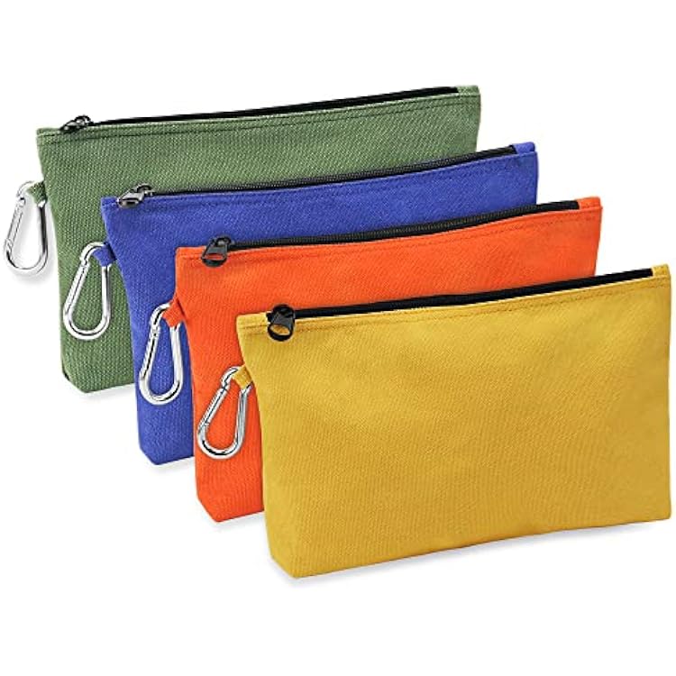 Canvas Zipper Tool Pouch With Carabiner, Heavy Duty Multipurpose Tote Bags, Dependable Durable Zippers, OrangeGolden YellowOliveNavy Blue, 4 Pack