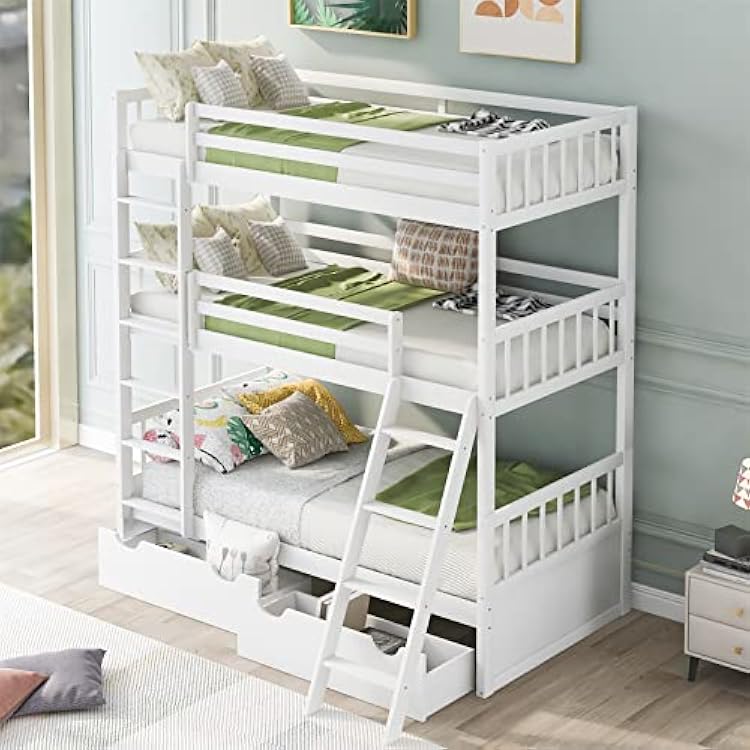 Triple Bunk Beds with Storage Drawers Wood Twin Over Twin Over Twin Bunk Bed Frame Detachable 3 Beds Bunked for Kids Boys Girls Teens, White