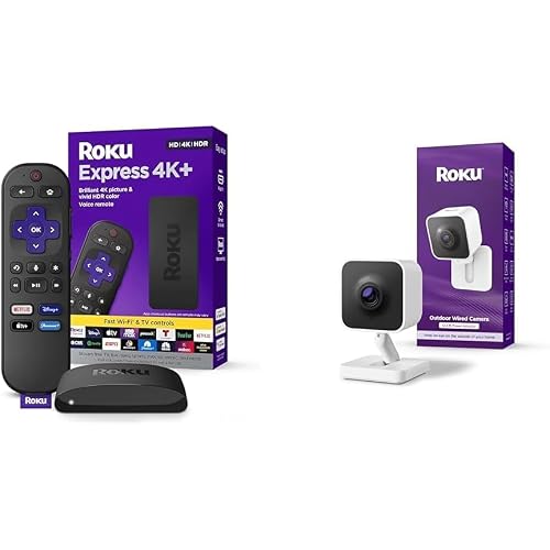 Roku Express 4K | 4KHDR Streaming Device with Roku Voice Remote & Outdoor Camera - 2024 Home Security with IP65 Weather-Resistant Wired Camera