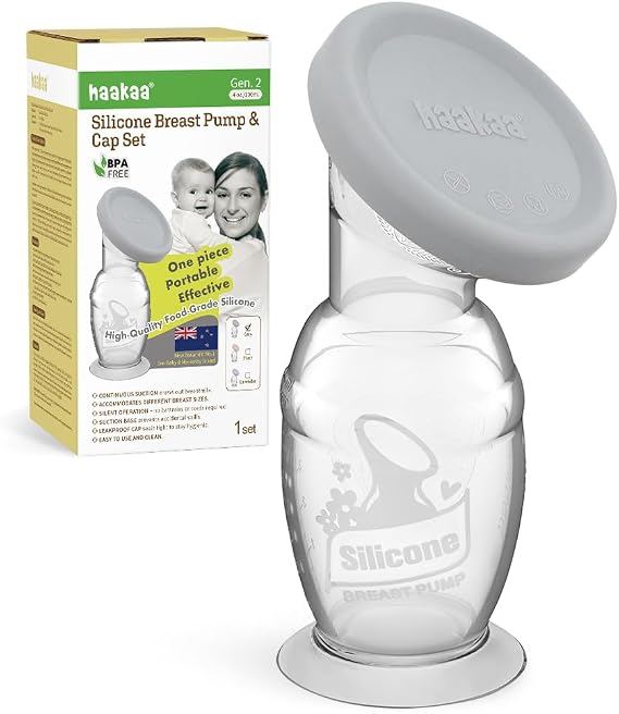 haakaa Manual Breast Pump & Silicone Cap Combo for Nursing Mom (Gray, 4oz. with Base)