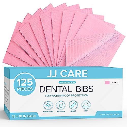 JJ CARE Dental Bibs [Pack of 125] - 13 x 18 Pink Dental Bibs, 3 Ply Waterproof Dentist Bibs, Dental Bibs Disposable for Eyelash Extension, Patient Bibs for Nail Art, Dental Napkins for Piercing