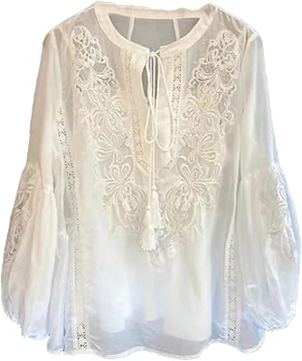 Women Embroidered Thin Shirts Loose Print Vintage Long Sleeves Blouses