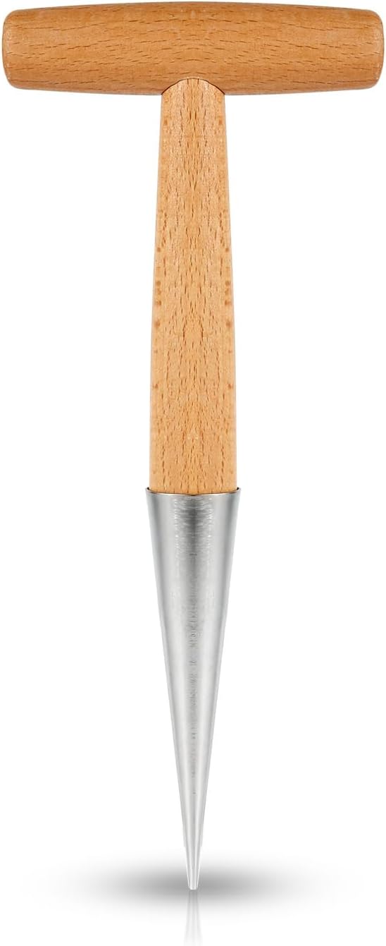 XIHIRCD Hand Dibber with Wooden Handle, Dibbler Gardening Tool Stainless Steel Head Hole Punch Hand Held Bulb Planter Solid Garden Sow Dibbler for Planting Seeds Flowers Tulips Daffodils Dahlias