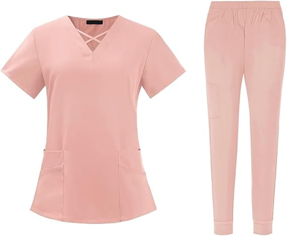 Clearance Scrubs Nursing Uniforms For Women Men Set Tops And Jogger Pants Thin Fabric Operating Room Doctor Workwear For Cosmetology(Pink,XXL)