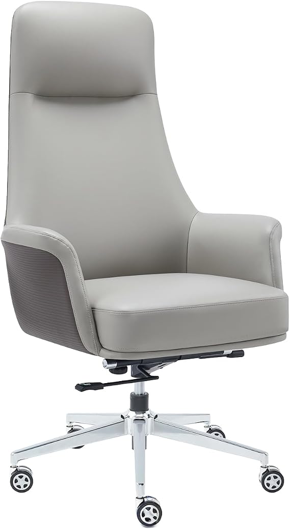 Fohfurniture FOH Executive Office Chair Grey Faux Leather Desk Chair with Padded Headrest & Armrests, Chrome Base, Adjustable Height, 360 Swivel Rolling Computer Chair for Home Office