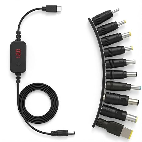 Type-C PD to DC Adapter Cable 60W, Adjustable Voltage (5V/9V/12V/15V/20V) with LED Display, 10+ Connectors, PD Trigger Cord for Laptop, Camera, Router, Printer, Compatible with USB-C PD Charger