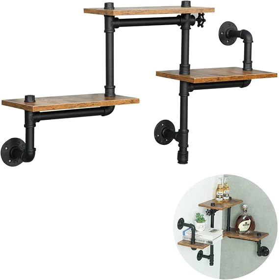 Industrial Pipe Shelving, Pipe Shelves with Wood Planks, Floating Shelves Wall Mounted, Retro Rustic Industrial Shelf for Bar Kitchen Living Room