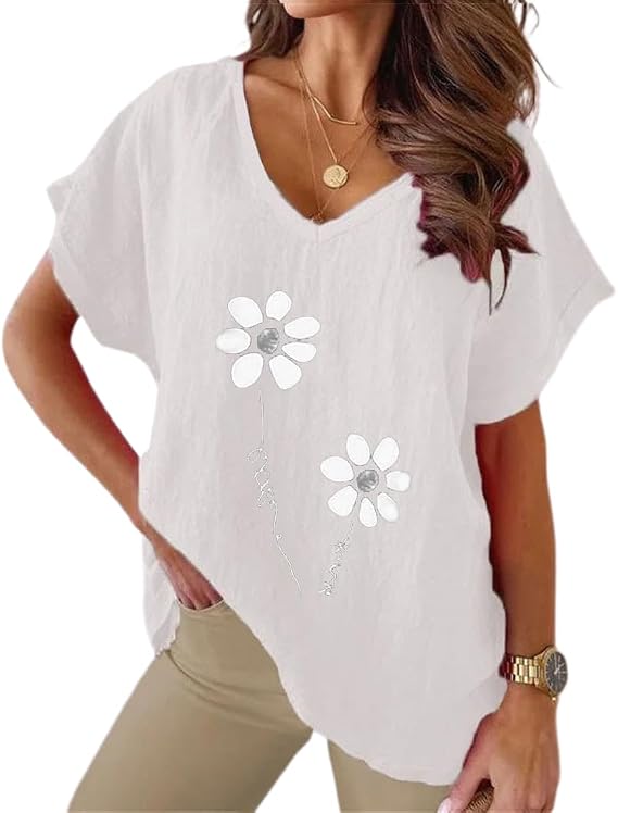 Summer V-Neck Bat Sleeve Floral Printed T-Shirts Casual Loose Short Sleeve Cotton Linen Shirts Tops for Women
