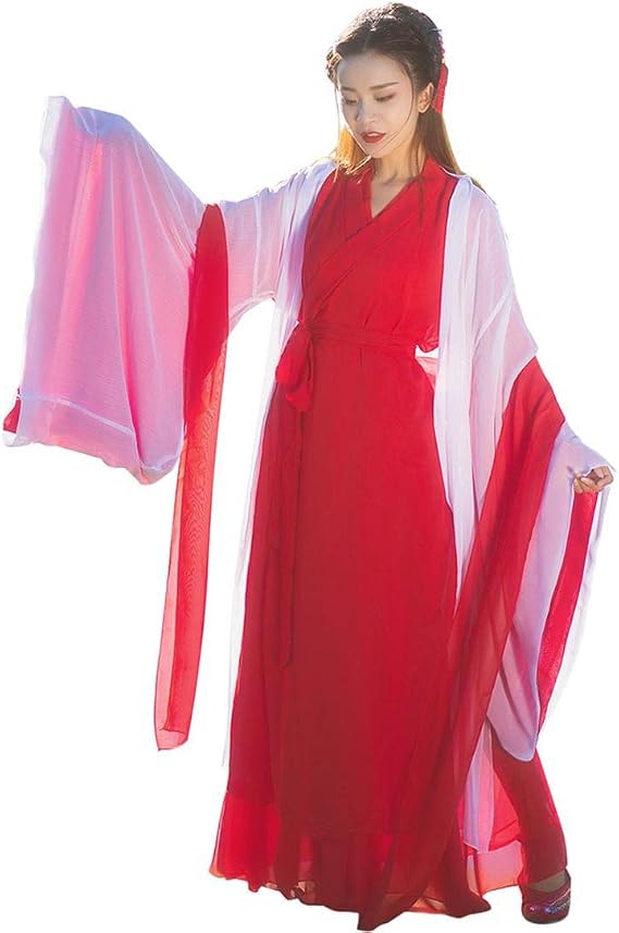 Women's Traditional Chinese Costume Flowy Hanfu Dress Outfit Martial Art Chinese Dance Performance Wear (041# White/Red, L)