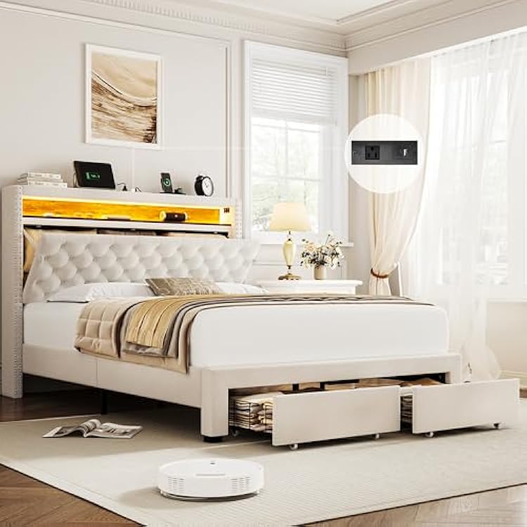 HIFIT Queen LED Bed Frame with Storage Headboard and Charging Station, Velvet Upholstered Bed Frame Queen Size with 2 Drawers, Camas Queen with Button Tufted Headboard, No Box Spring Needed, Beige