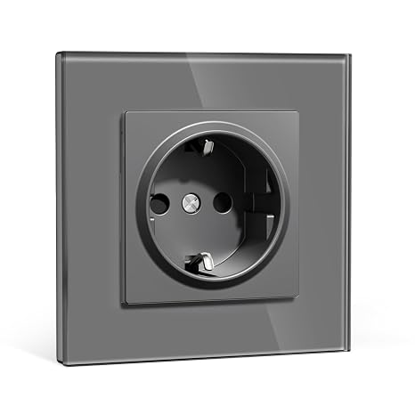 Schuko Steckdose Unterputz EU Standard 86 * 86mm Wandsteckdose 16A mit Glasrahmen Einfach Installation Klappkrallen Typ F Steckdose mit Erdung，1-Fach Grau