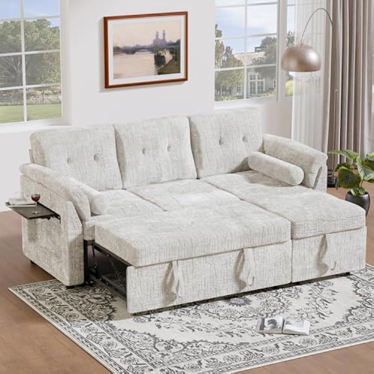 Convertible Queen Sofa Bed, 63 Inch Chenille Pull Out Couch with Side Table, 3 Seat Pull Out Sofa Bed with Level Adjustable Backrest, Comfy Sleeper Sofas for Living Room, Apartment, Beige
