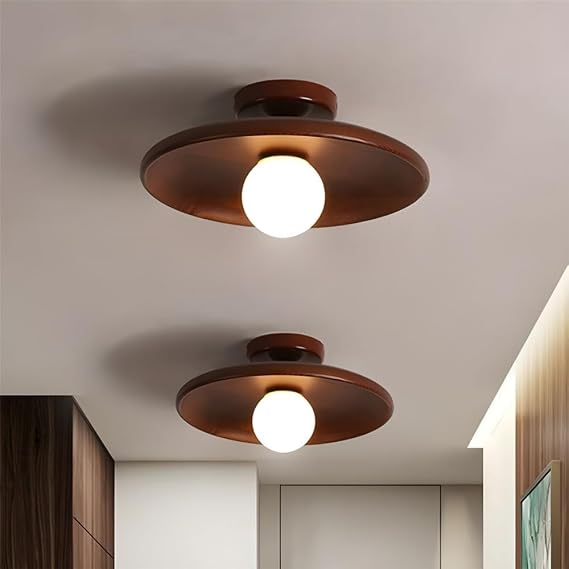 Ceiling Light Shallow Bowl Wooden Saucer Shaped Close to Ceiling Lamp Simplicity Semi-Flush Mount Light use G9 Bulb for Corridor Hallway -Brown