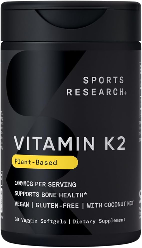 Sports Research Vitamin K2 as MK-7 100mcg, 60 Count PlantgelsTM | Supports Bone & Heart Health w/Highly Bioavailable MK-7 & Coconut MCT oil for Better Absorption Plant-Based, Soy-Free