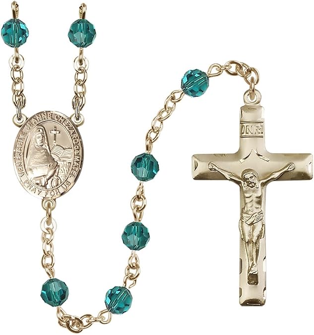 Bonyak Jewelry 14k Gold-Filled 6mm Austrian Crystal Saint Jeanne Chezard de Matel Rosary in December Blue