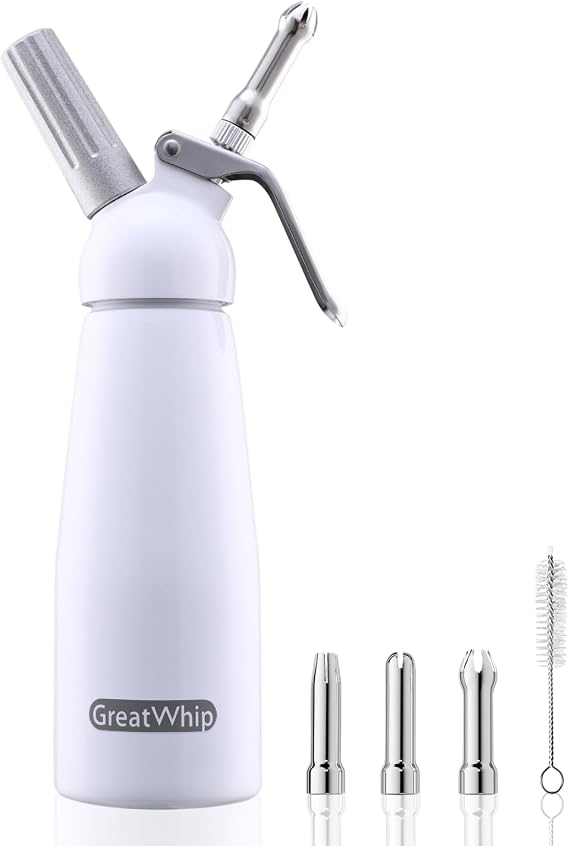 GreatWhip Whipped Cream Dispenser Highly Durable Aluminum Whip Cream Maker 500ml /1 Pint Large Capacity Cream Whipper with 3 Stainless Steel Nozzles & Cleaning Brush (White)
