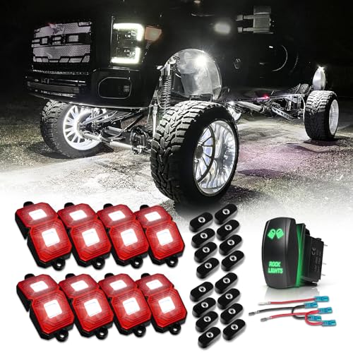 OPT7 Rocker Switch with Jumper Wires Set, Green ONOff Switch 5-Pin & Photon Pure White LED Magnet Rock Lights, 8 Pods Wide Angle IP68 Waterproof for Offroad Truck Jeep RZR ATV UTV SUV