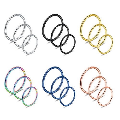 Ruifan 18PCS Mix Size Stainless Steel Clip on Fake Nose Lip Helix Cartilage Tragus Ear Hoop Ring 22G 20G 18G 6-10mm