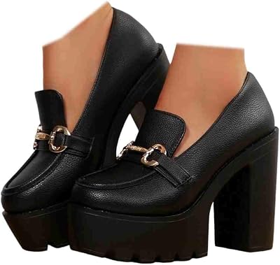 Womens Platform Heels Loafers Chunky High Heel Closed Toe Metal Buckle Shoes Penny Loafer Business Dress Work Pumps
