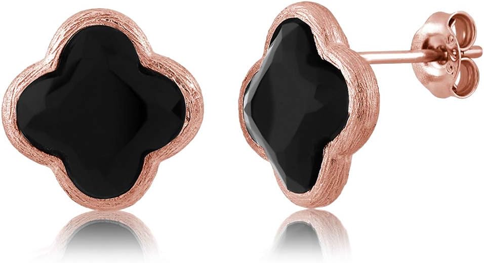 Gem Stone King 18K Gold Plated Sterling Silver Flower Shape Clover Designs Black Onyx Diamond Cut Stud Earrings For Women