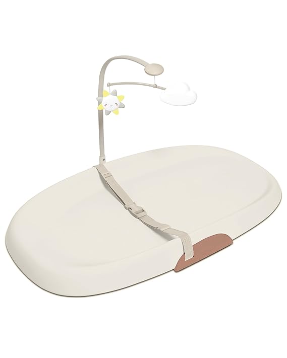 Skip Hop Baby Changing Pad Nursery Style Wipe-Clean Contoured with Cushioned Foam, Non-Skid Base, Built-in Safety Belt & Tuck-Away Toy Bar Fits Standard Changing Tables, Oat