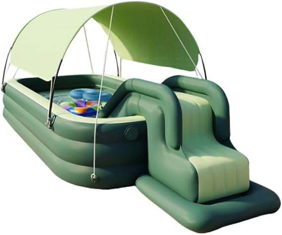Large Foldable Automatic Inflating Kids Air Pool with Slide & Roof Thick PVC Vinyl Heavy Duty Built-in Electric Air Pump Indoor Outdoor Home Large Capacity Summer Water Play Area Green, 3m
