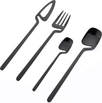 4-Piece 304 Stainless Steel Flatware SetSet,Stainless Steel Cutlery Set For Home Hotel Restaurant, Knife And Spoons And Forks Set, Cutlery Set Mirror Polished, Hanging Cup & Smooth Edge (Black)