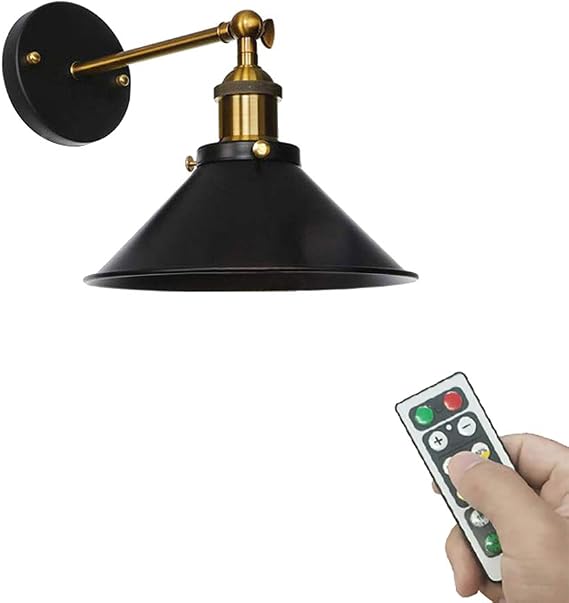 1-Light 100 Lumens Multi-Function Battery Run Remote Control Simple Black Wall Sconce Fixture Wall Decor for Indoor Staircase Laundry-Easy to Install,Dimmable,Battery Not Included
