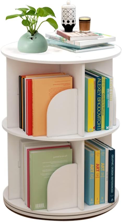 2 Layers 360 Rotating Bookshelves, Freestanding Storage Shelf, Open Bookcase Nordic Style Bookshelf Organizer Storage Shelves Shelf Capacity 100k Place Books Small Potted Decorations (White)
