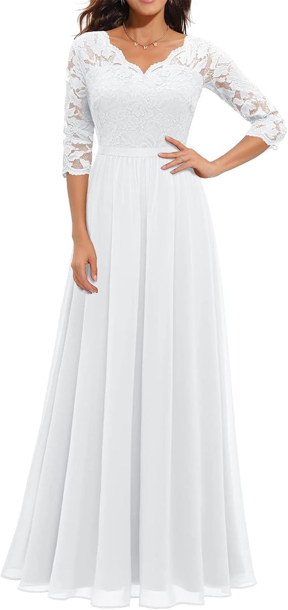 FeMereina Women's Lace Formal Dress Mother of The Bride Dress 3/4 Sleeve Wedding Guest Dress Maxi Evening Gown