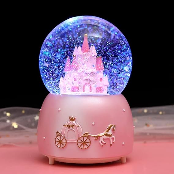 Music Snow Globe with Crystal Ball Castle Flying Snow Rotating Music Box with Colourful LED Light Musical Gift Christmas New Year Birthday Gift for Children Girls Adults