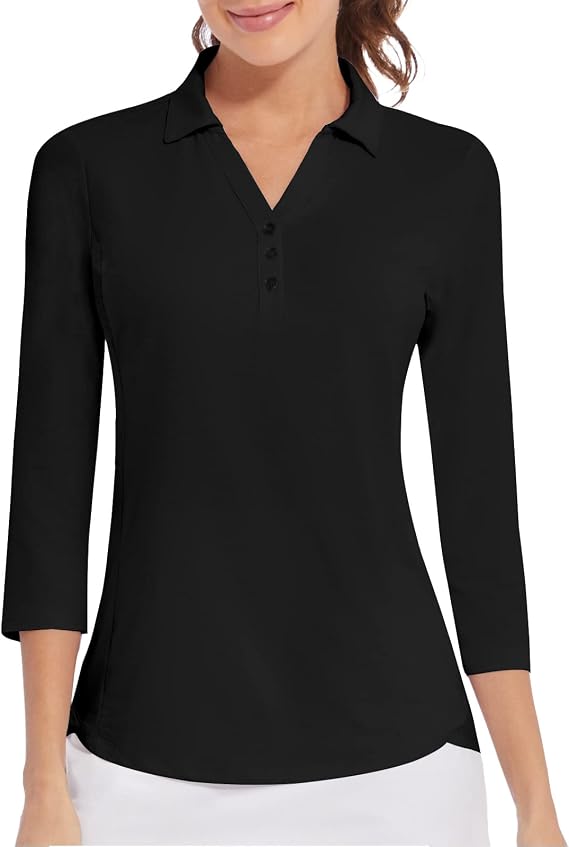 Casei Women's Golf Polo Shirts 3/4 Long Sleeve UPF 50+ Quick Dry V-Neck | Moisture Wicking 4-Way Stretch, Lightweight Breathable, Tennis Pickleball, Athletic Casual Work Tops