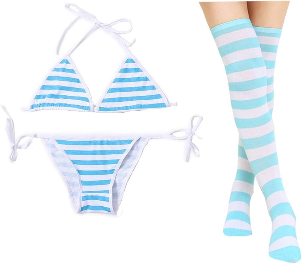 3 PCS Sexy Japanese Cute Anime Lingerie Set for Women with Striped Thigh High Socks Bikini