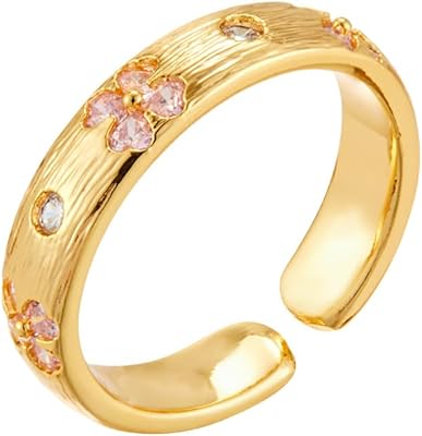 Kokoma Pink Crystal Cherry Blossom Ring Gold Plated Open Band Cubic Zirconia Statement Ring Wedding Promise Rings Fashion Jewelry for Women
