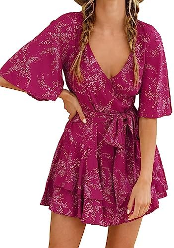 Bonkwa Womens Casual Rompers Floral Print Mid Sleeves Waist Tie Romper Ruffle Hem Deep V-Neck Short Jumpsuits for Summer
