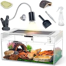 12.5''6''7'' Reptile Tank Kit with Heat Lamp, Spray Bottle, Shovel, Tweezers, Food Bowl, Hideout -Perfect for Geckos, Snakes, Lizards, Turtles, Jumping Spider,Milk Frog,Hermit Crabs