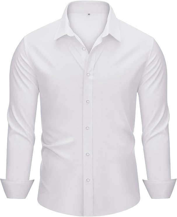 MAGE MALE Men's Dress Shirts Solid Long Sleeve Stretch Wrinkle-Free Formal Shirt Business Casual Button Down Tops