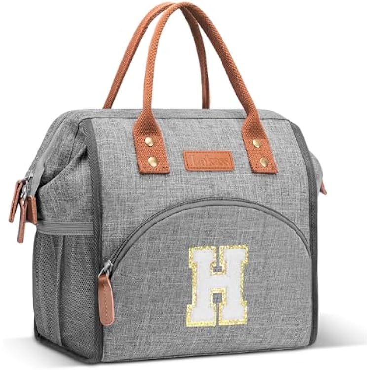 LOKASS Initial Lunch Box for Women, Wide-Open Leakproof Insulated Lunch Bag Women Reusable Tote Bag for Office Beach Picnic, Christmas | Valentines Day | Thanksgiving Gifts for Family White H